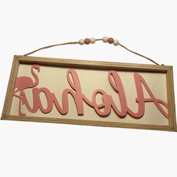 Aloha Flamingo Sign Hanging Wall Decor  Beaded String Pink White Beachy Coastal - Picture 5 of 6